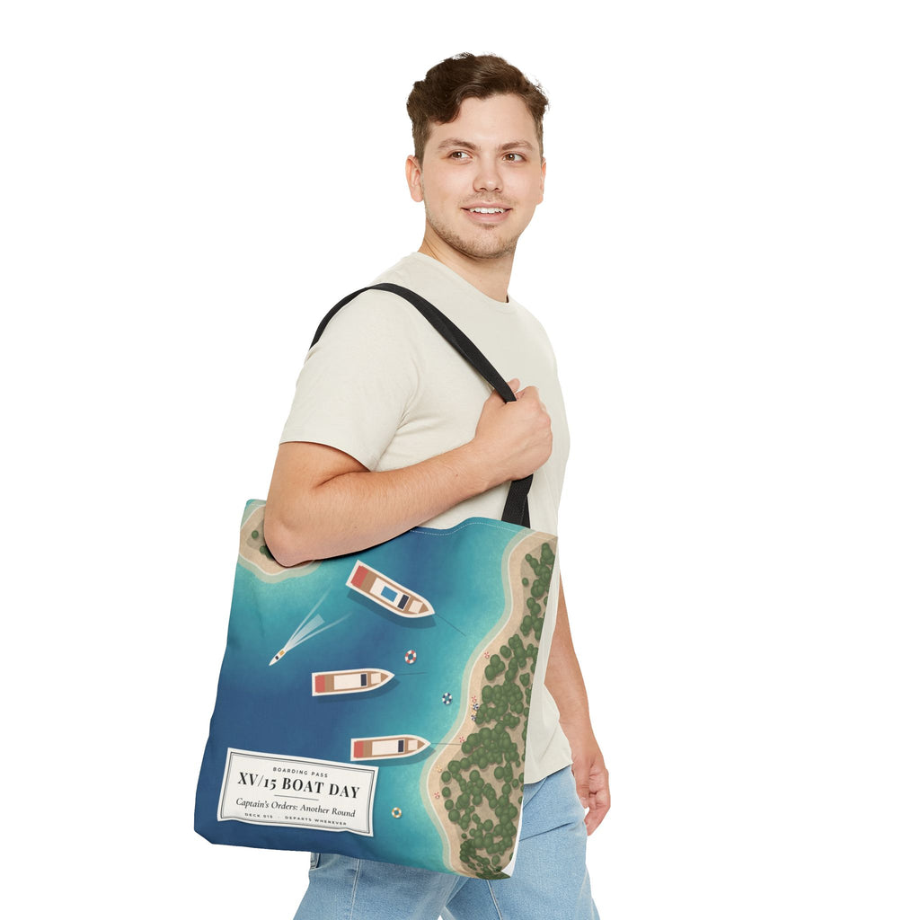 XV/15 Boat Day All-Over Print Tote Bag — Aerial Yacht Cove Beach Tote
