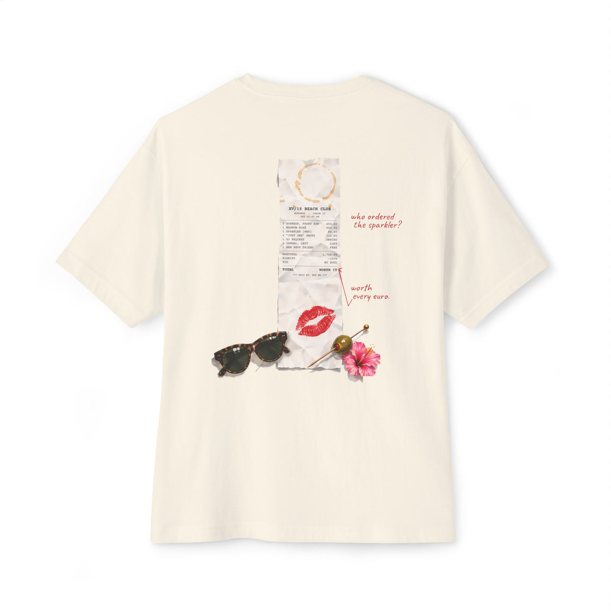 Beach Club Receipt Oversized Boxy Tee — Mykonos Bar Tab Lipstick Kiss T-Shirt
