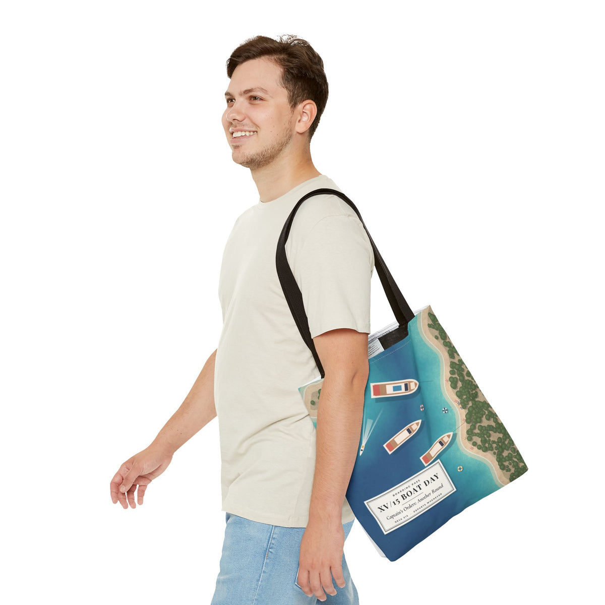 XV/15 Boat Day All-Over Print Tote Bag — Aerial Yacht Cove Beach Tote