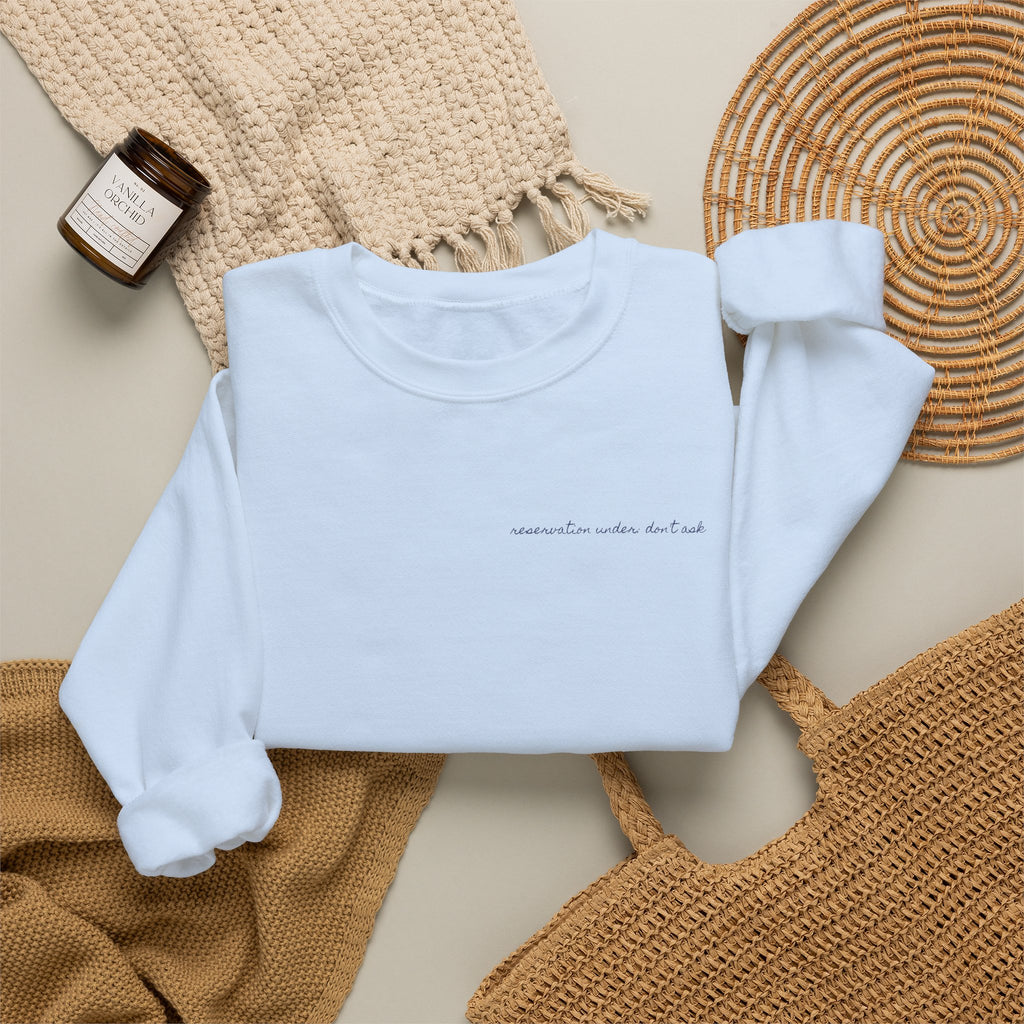 Table For Whoever's Still Here Crewneck Sweatshirt — Painted Mykonos Beach Club Table Back Print