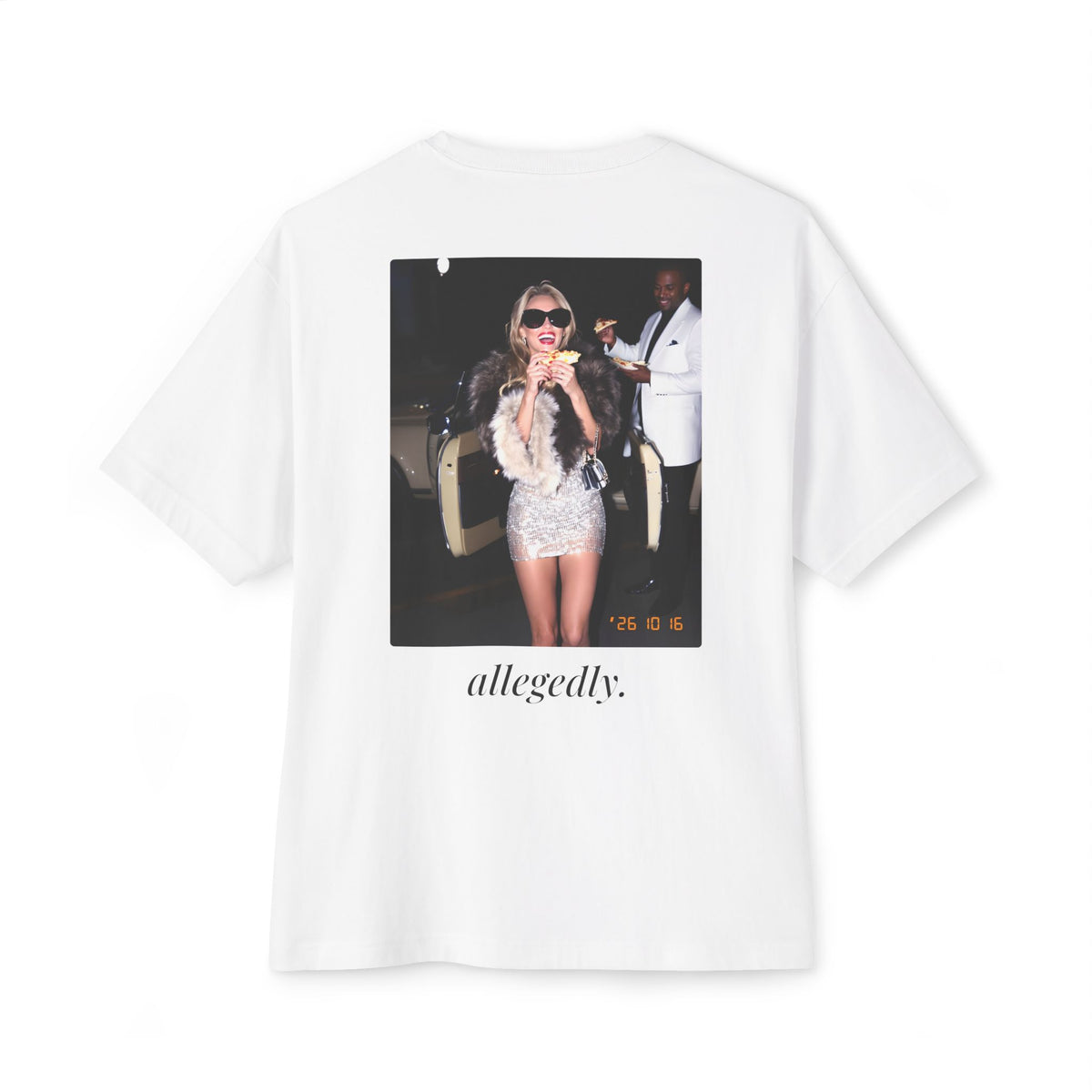 Allegedly. Oversized Boxy Tee — Paparazzi Flash Photo Monte-Carlo Pizza Back Print T-Shirt