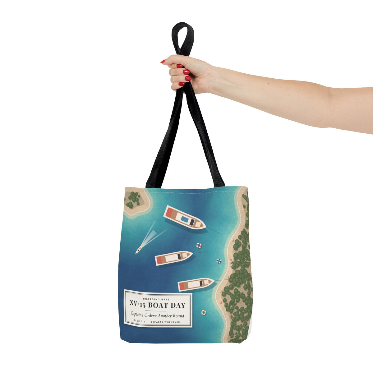 XV/15 Boat Day All-Over Print Tote Bag — Aerial Yacht Cove Beach Tote