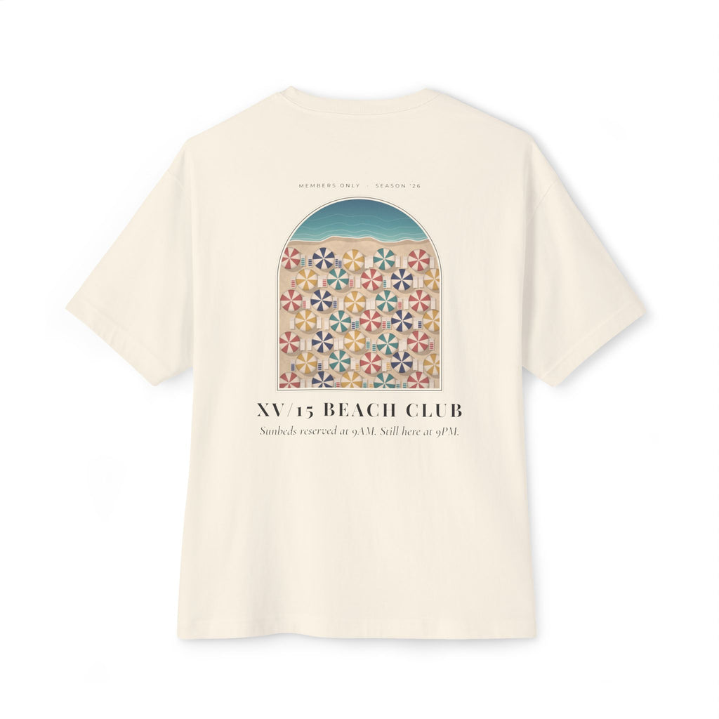 XV/15 Beach Club Oversized Boxy Tee — Retro Beach Umbrella Arch T-Shirt