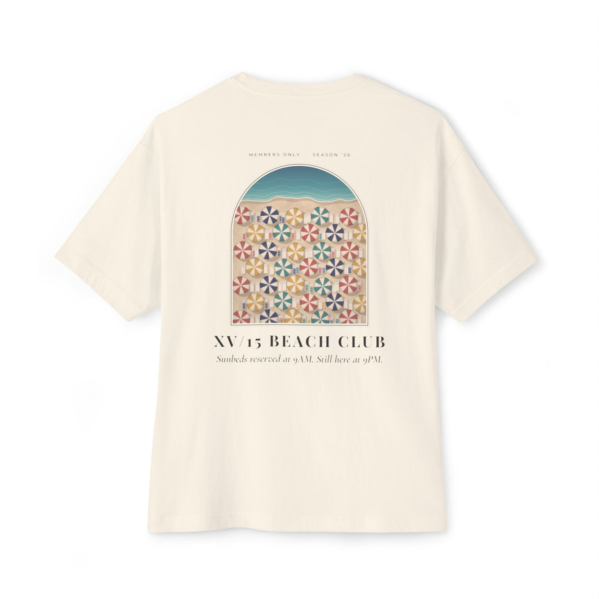XV/15 Beach Club Oversized Boxy Tee — Retro Beach Umbrella Arch T-Shirt