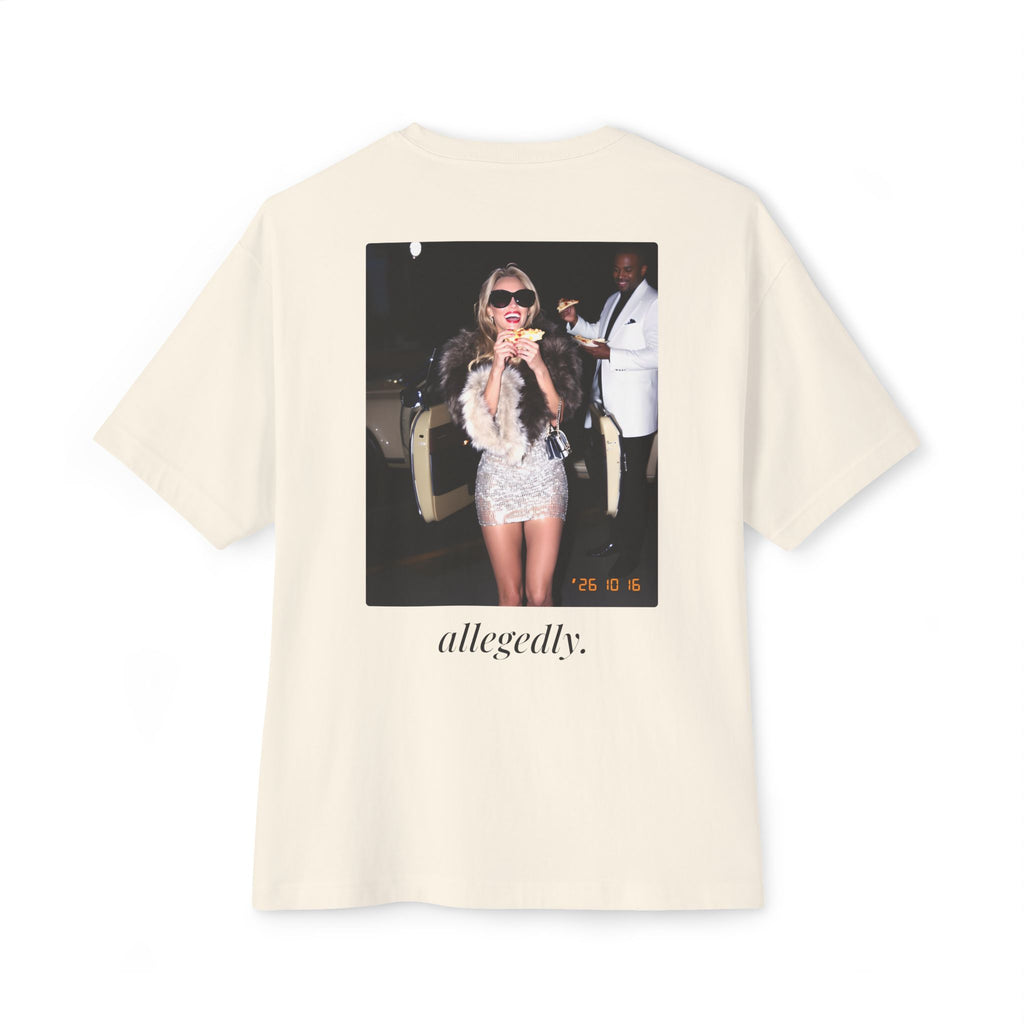 Allegedly. Oversized Boxy Tee — Paparazzi Flash Photo Monte-Carlo Pizza Back Print T-Shirt