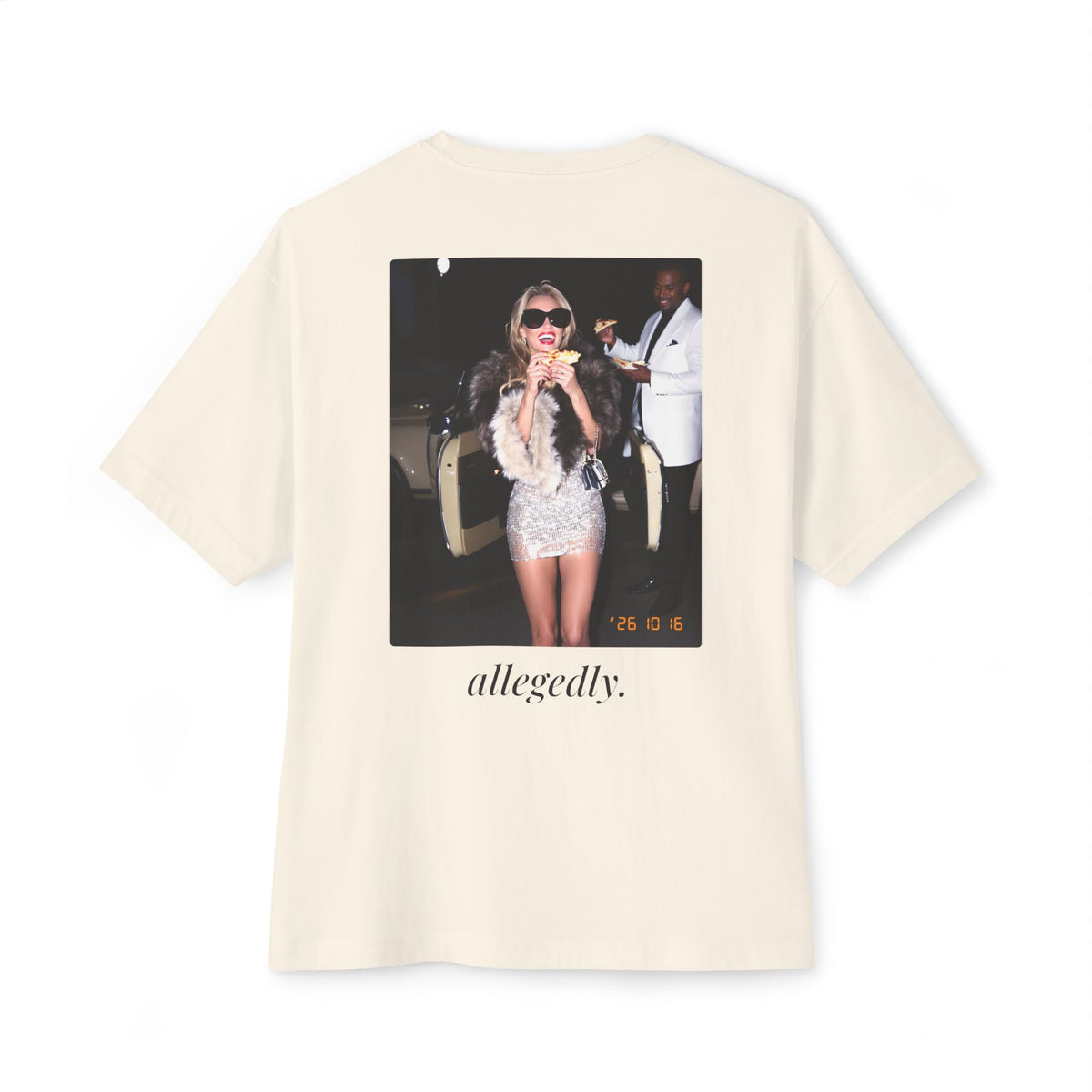 Allegedly. Oversized Boxy Tee — Paparazzi Flash Photo Monte-Carlo Pizza Back Print T-Shirt