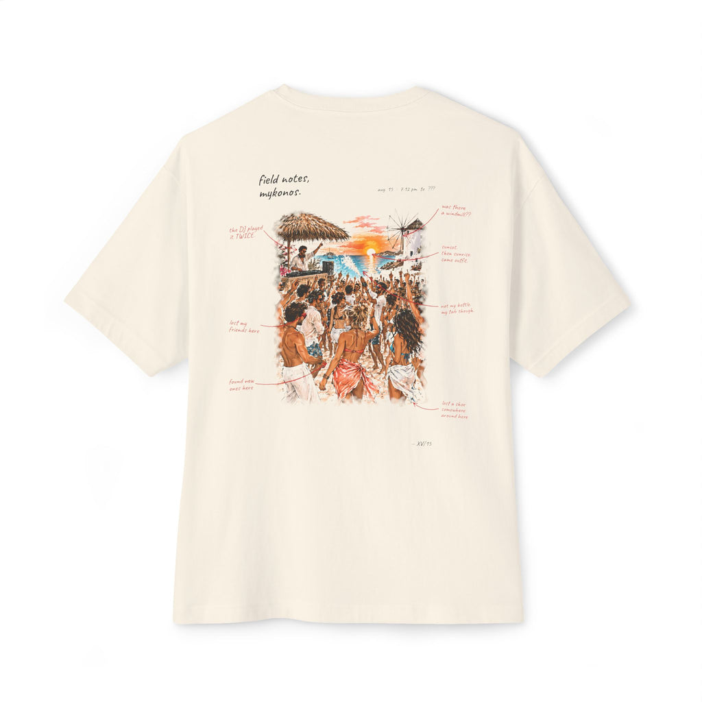 Field Notes Mykonos Oversized Boxy Tee — Hand-Drawn Beach Club Sketch T-Shirt