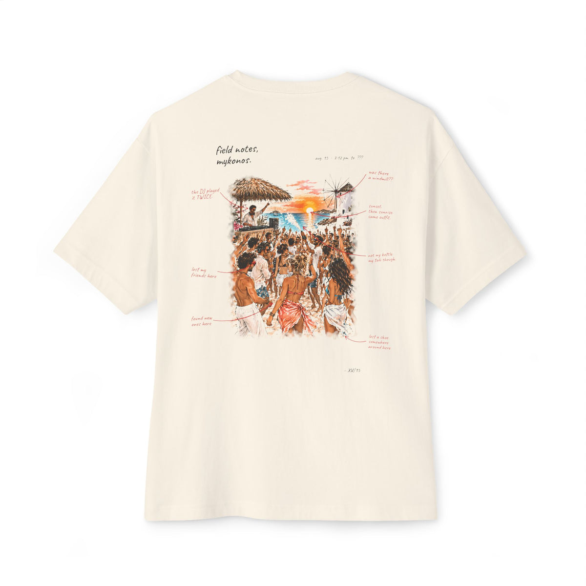 Field Notes Mykonos Oversized Boxy Tee — Hand-Drawn Beach Club Sketch T-Shirt
