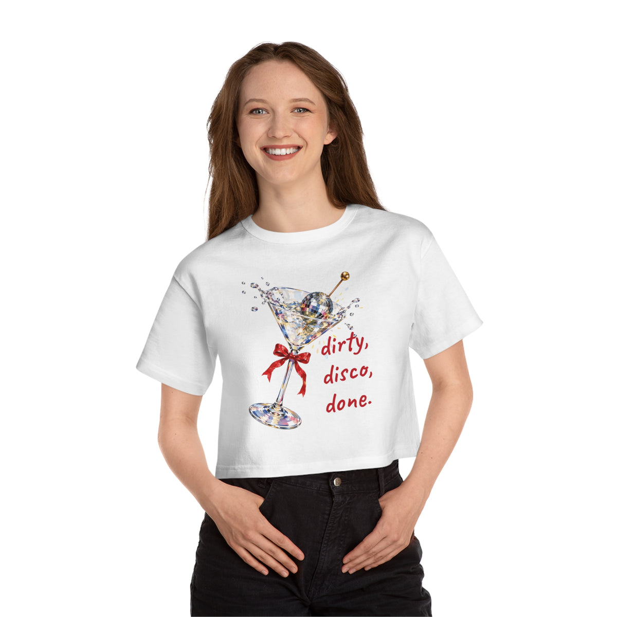 Dirty, Disco, Done. Cropped Tee — Disco Ball Olive Martini Crop Top