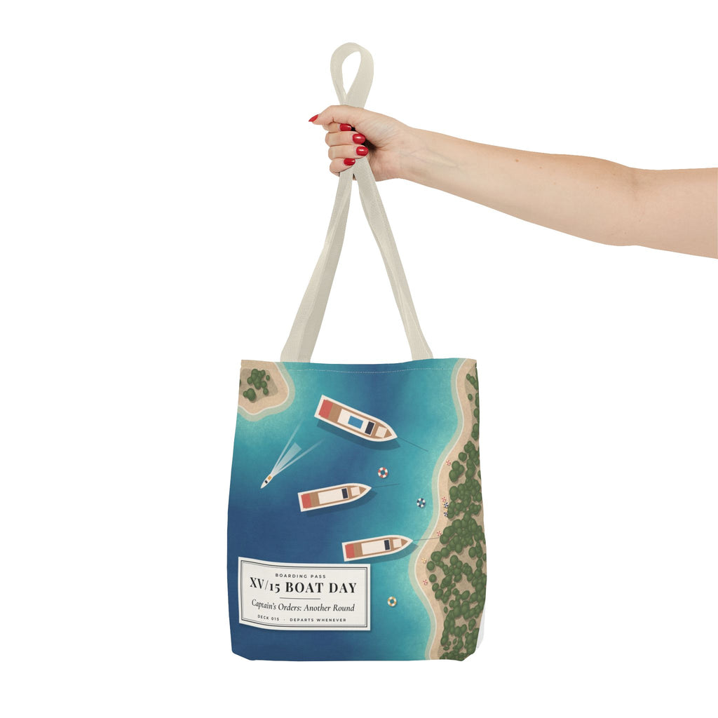 XV/15 Boat Day All-Over Print Tote Bag — Aerial Yacht Cove Beach Tote