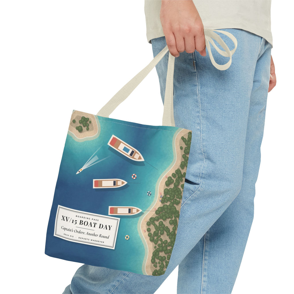 XV/15 Boat Day All-Over Print Tote Bag — Aerial Yacht Cove Beach Tote