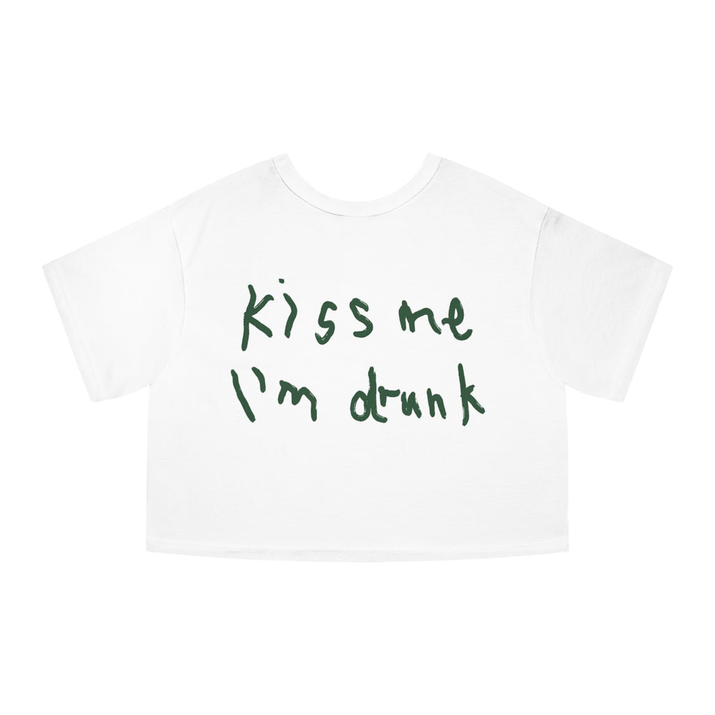 Cropped T-Shirt — “Kiss Me I’m Dr*nk” Handwritten Graphic Crop Tee