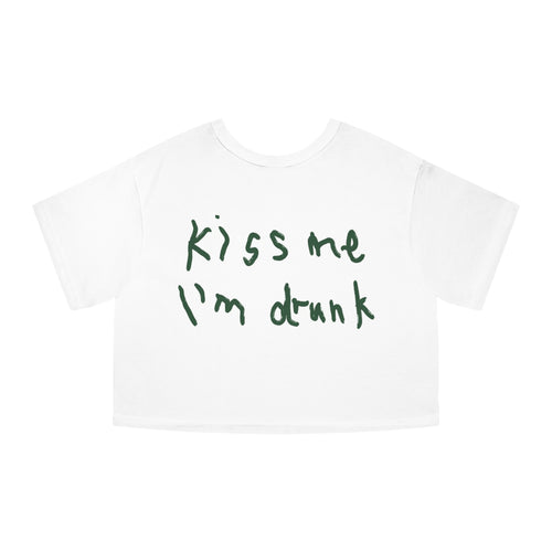 Cropped T-Shirt — “Kiss Me I’m Dr*nk” Handwritten Graphic Crop Tee