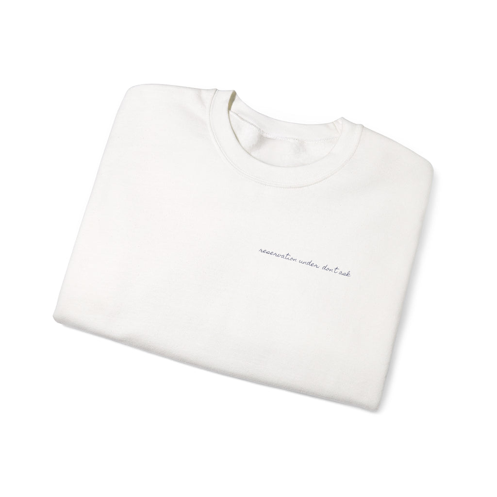Table For Whoever's Still Here Crewneck Sweatshirt — Painted Mykonos Beach Club Table Back Print