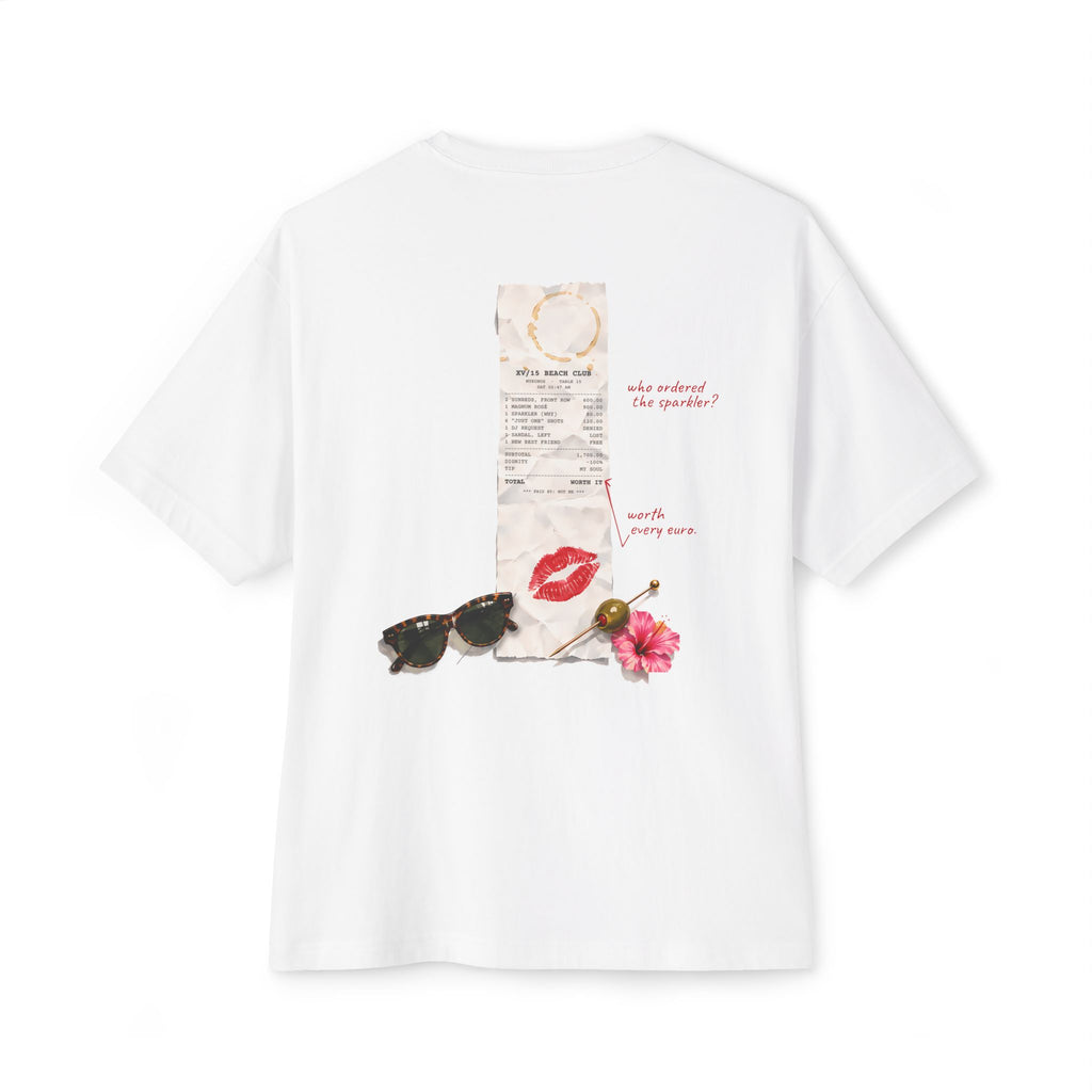 Beach Club Receipt Oversized Boxy Tee — Mykonos Bar Tab Lipstick Kiss T-Shirt