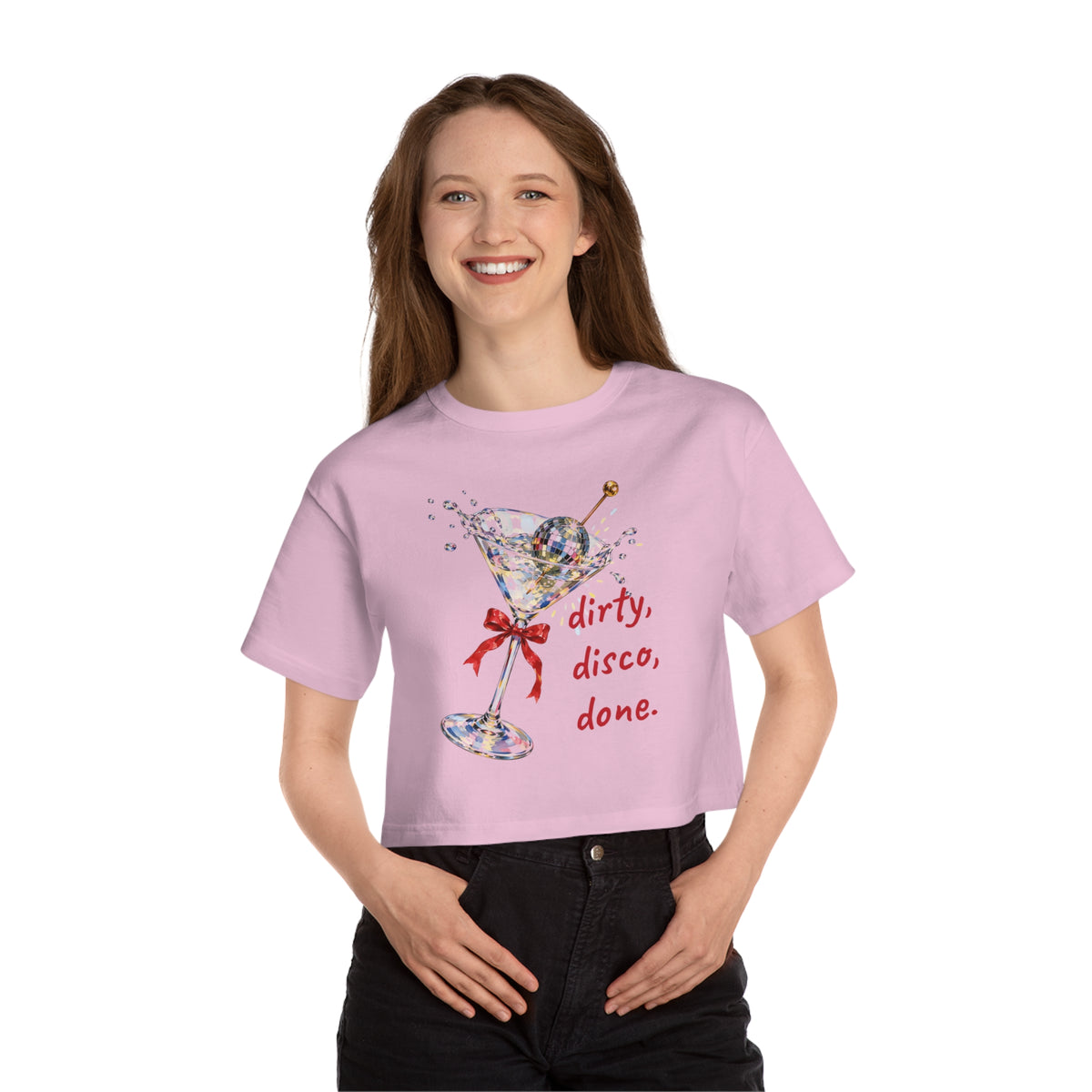 Dirty, Disco, Done. Cropped Tee — Disco Ball Olive Martini Crop Top