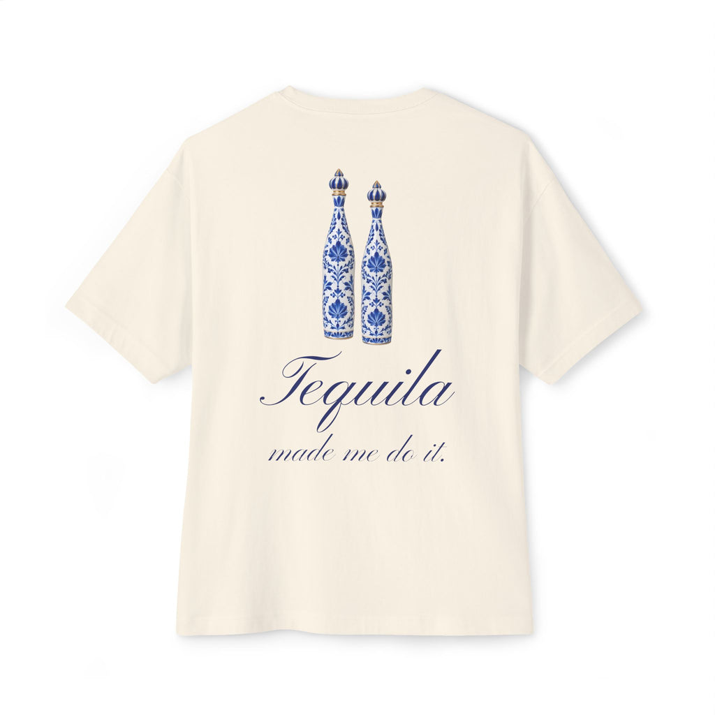 Tequila Made Me Do It. Oversized Boxy Tee — Blue & White Hand-Painted Decanters Back Print T-Shirt