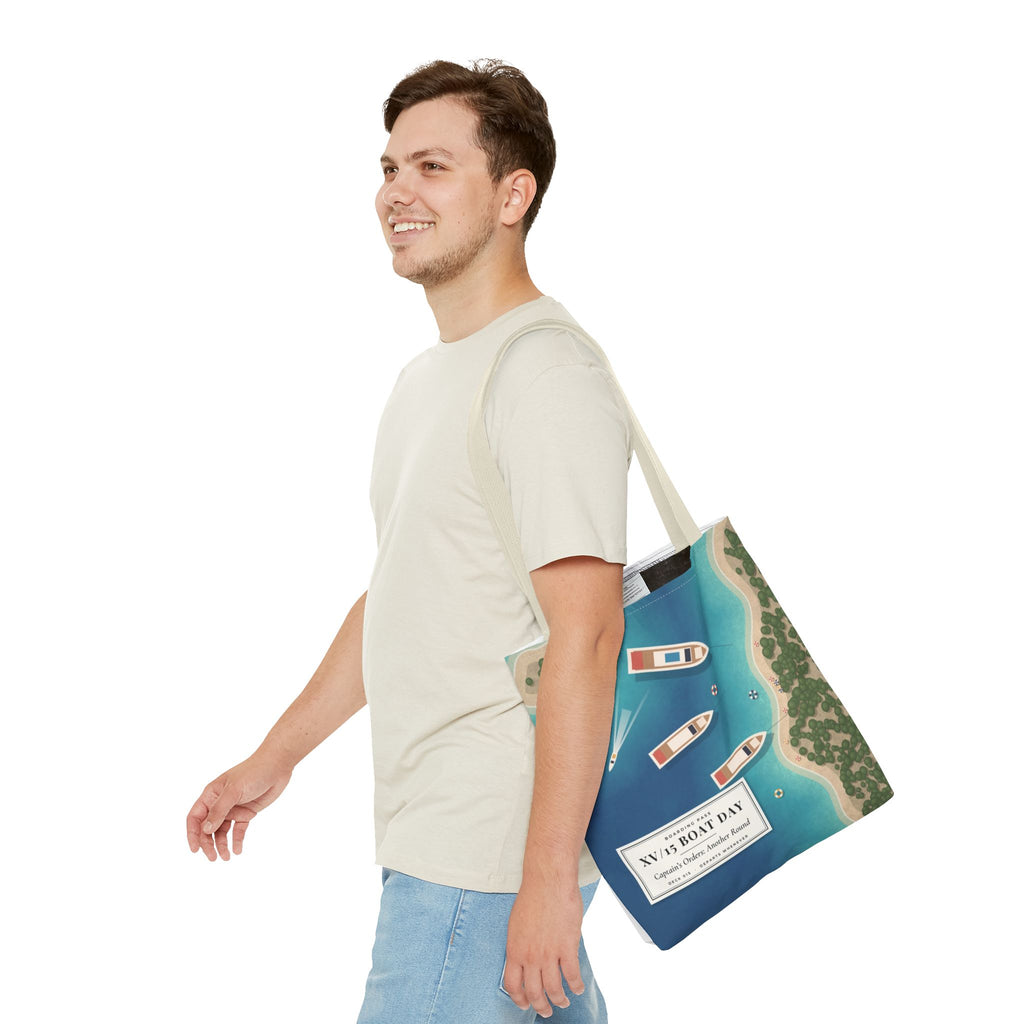 XV/15 Boat Day All-Over Print Tote Bag — Aerial Yacht Cove Beach Tote