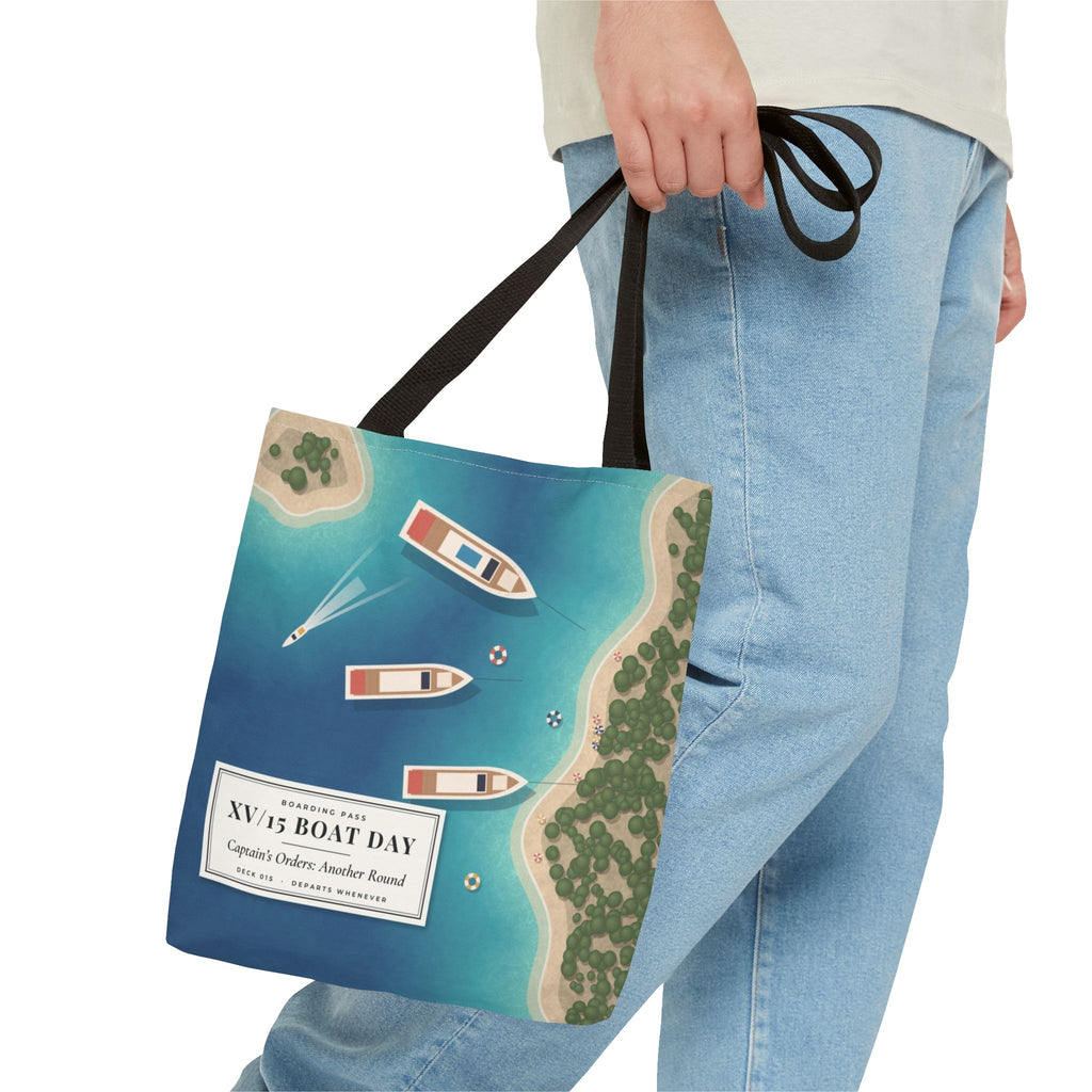 XV/15 Boat Day All-Over Print Tote Bag — Aerial Yacht Cove Beach Tote