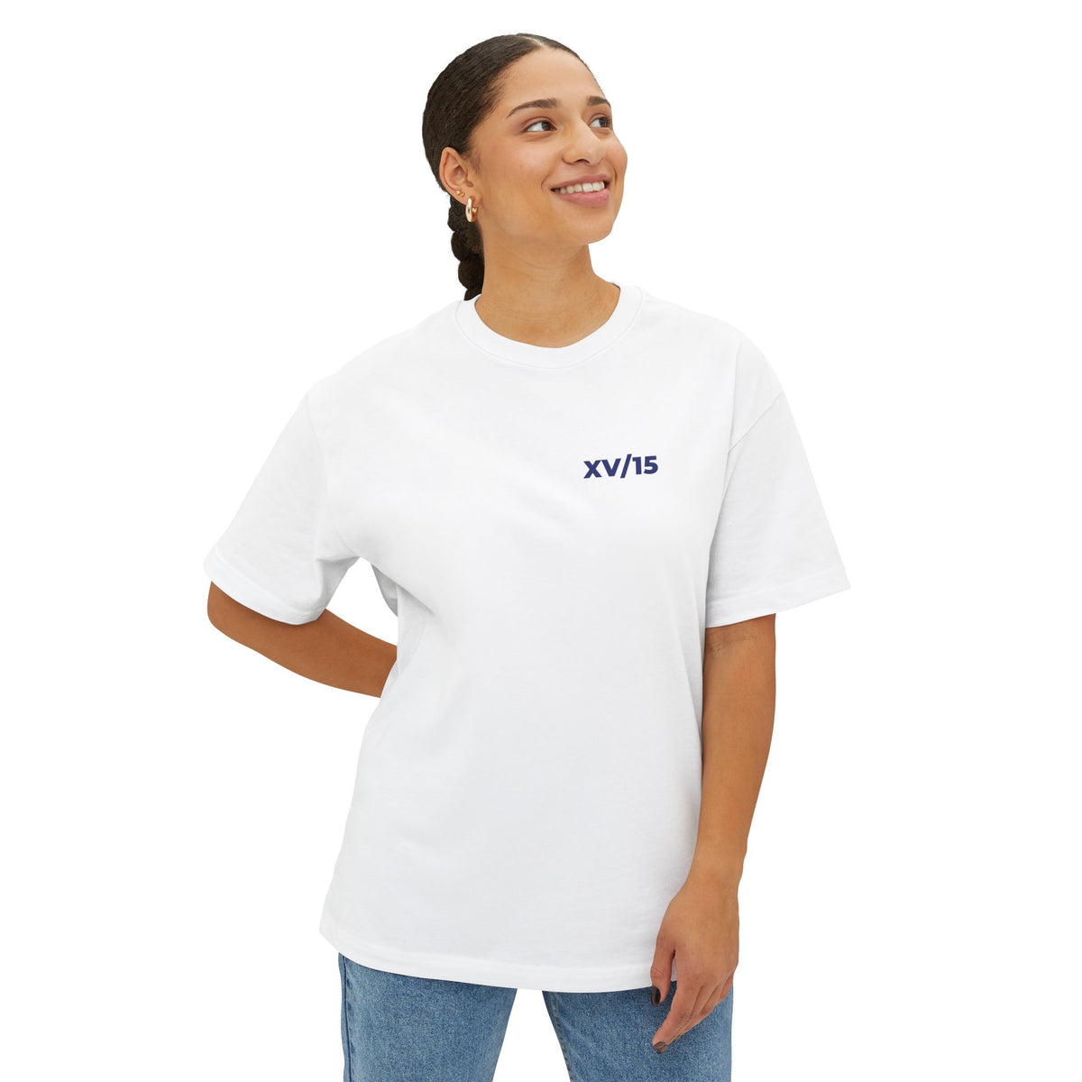 Tequila Made Me Do It. Oversized Boxy Tee — Blue & White Hand-Painted Decanters Back Print T-Shirt