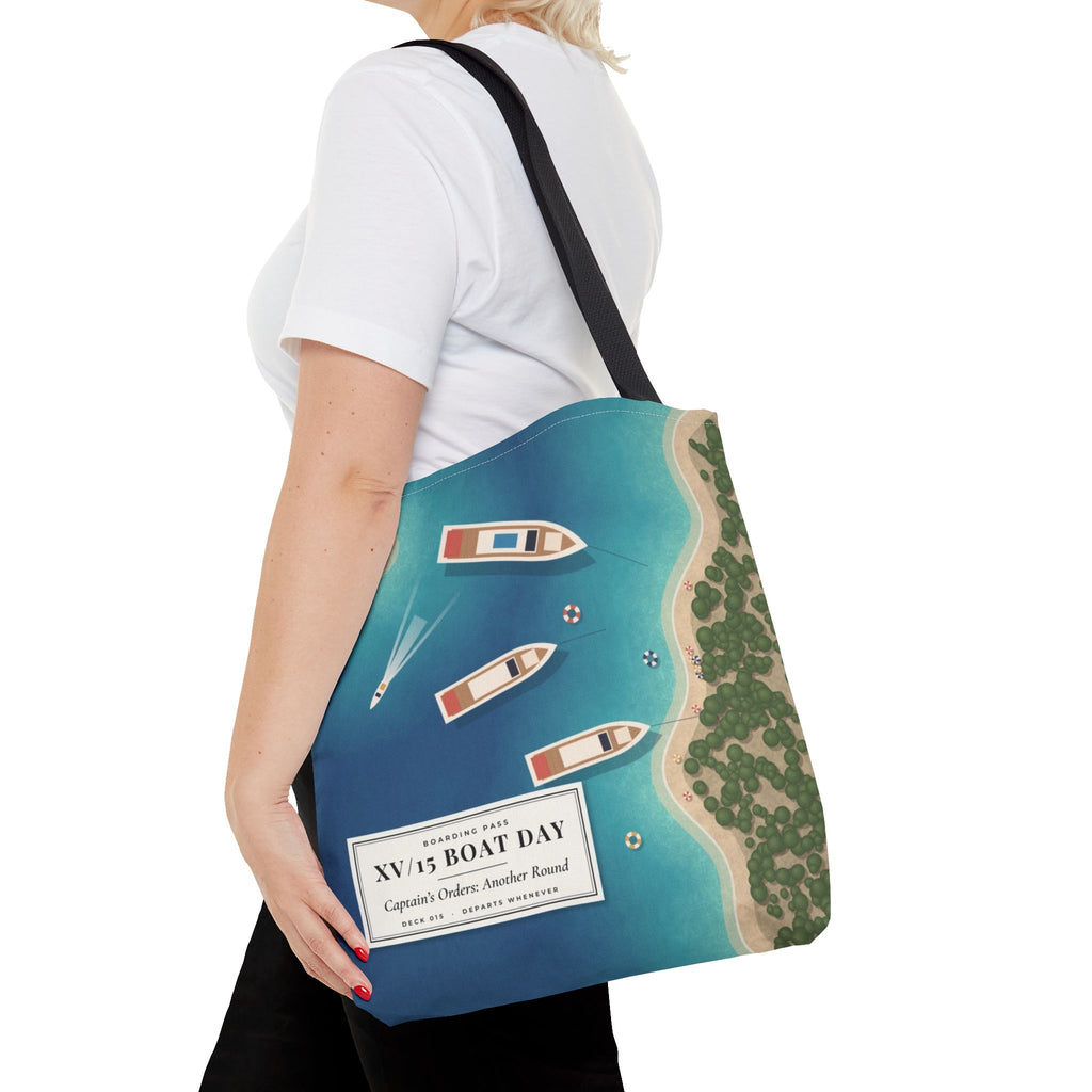 XV/15 Boat Day All-Over Print Tote Bag — Aerial Yacht Cove Beach Tote