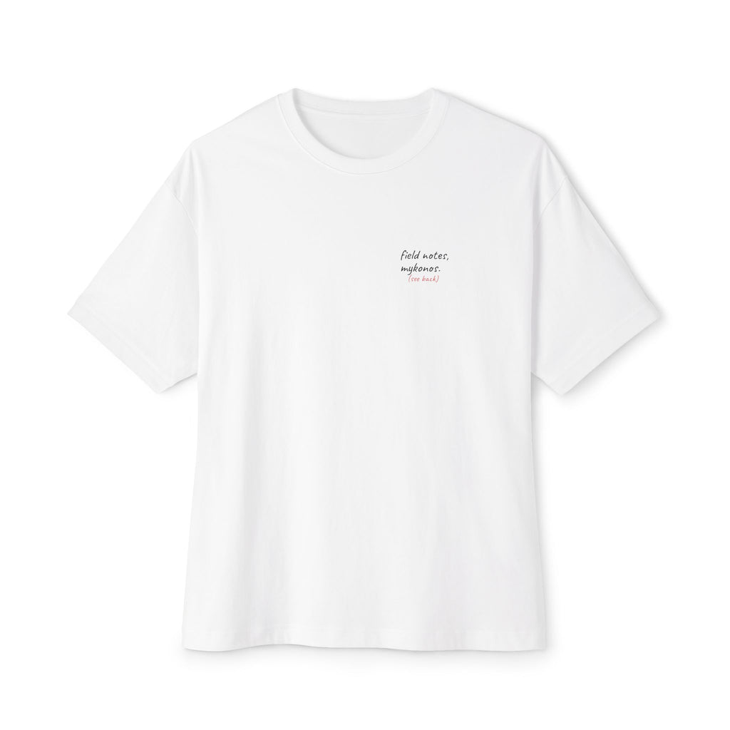 Field Notes Mykonos Oversized Boxy Tee — Hand-Drawn Beach Club Sketch T-Shirt