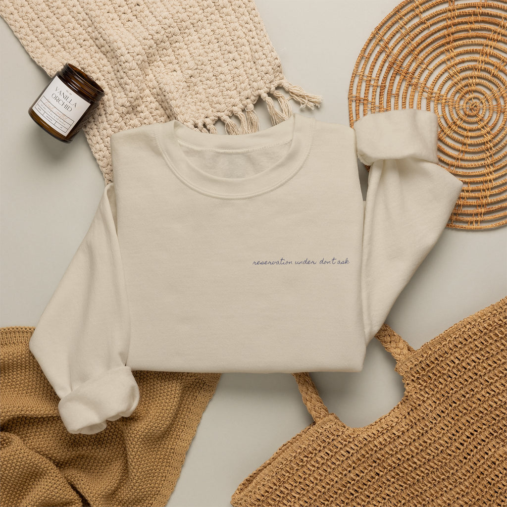 Table For Whoever's Still Here Crewneck Sweatshirt — Painted Mykonos Beach Club Table Back Print