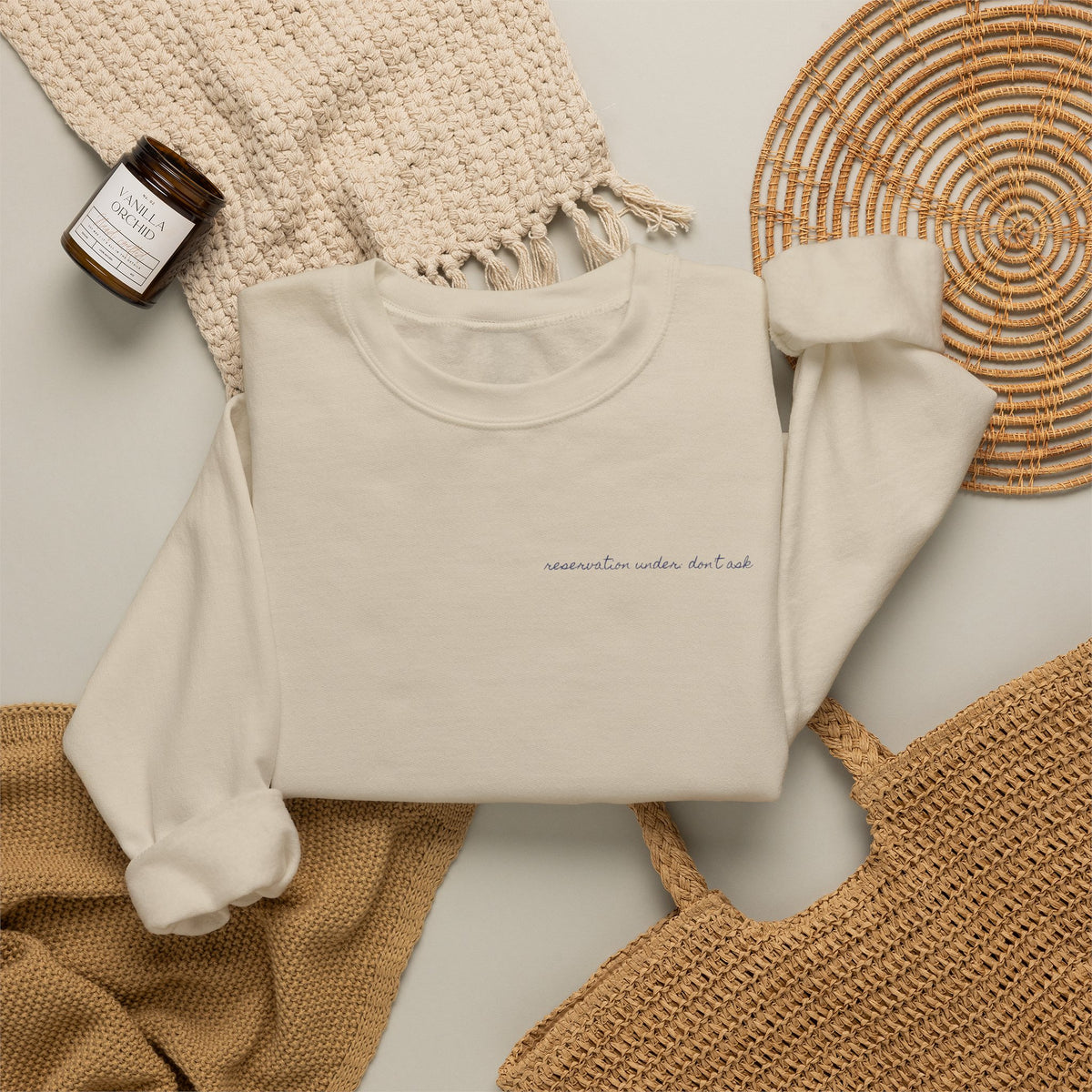 Table For Whoever's Still Here Crewneck Sweatshirt — Painted Mykonos Beach Club Table Back Print