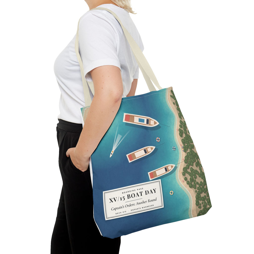 XV/15 Boat Day All-Over Print Tote Bag — Aerial Yacht Cove Beach Tote