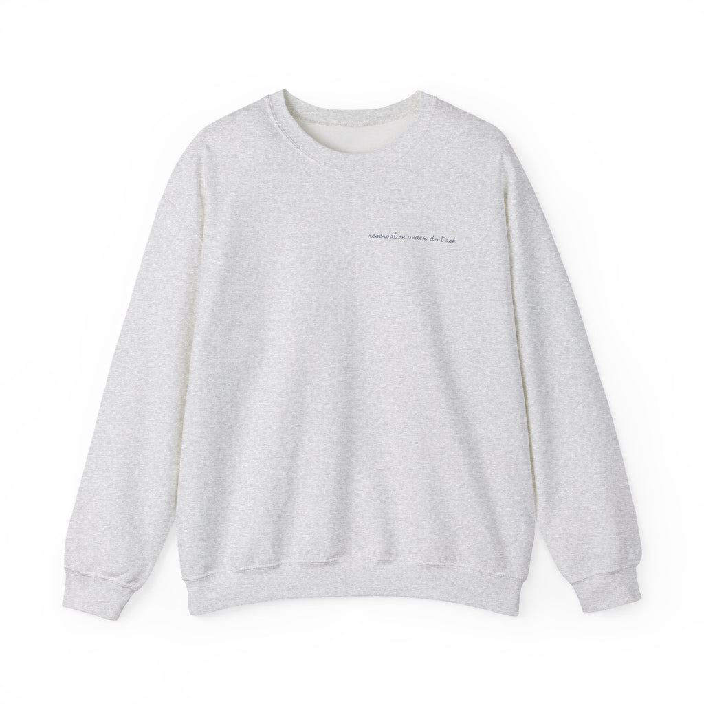 Table For Whoever's Still Here Crewneck Sweatshirt — Painted Mykonos Beach Club Table Back Print