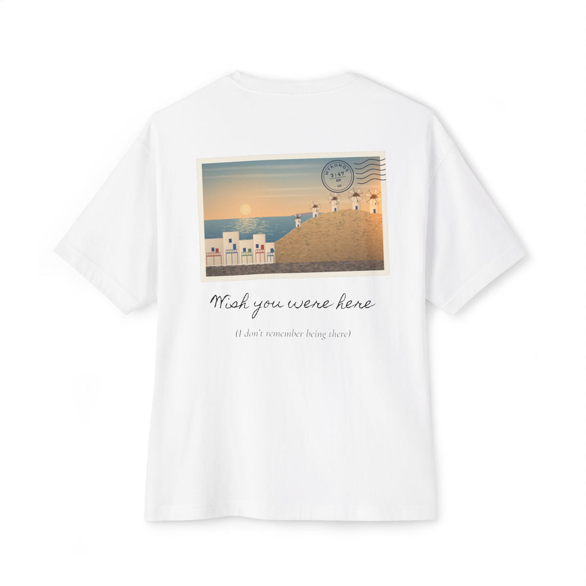Wish You Were Here Mykonos Postcard Oversized Boxy Tee — Vintage Greece T-Shirt