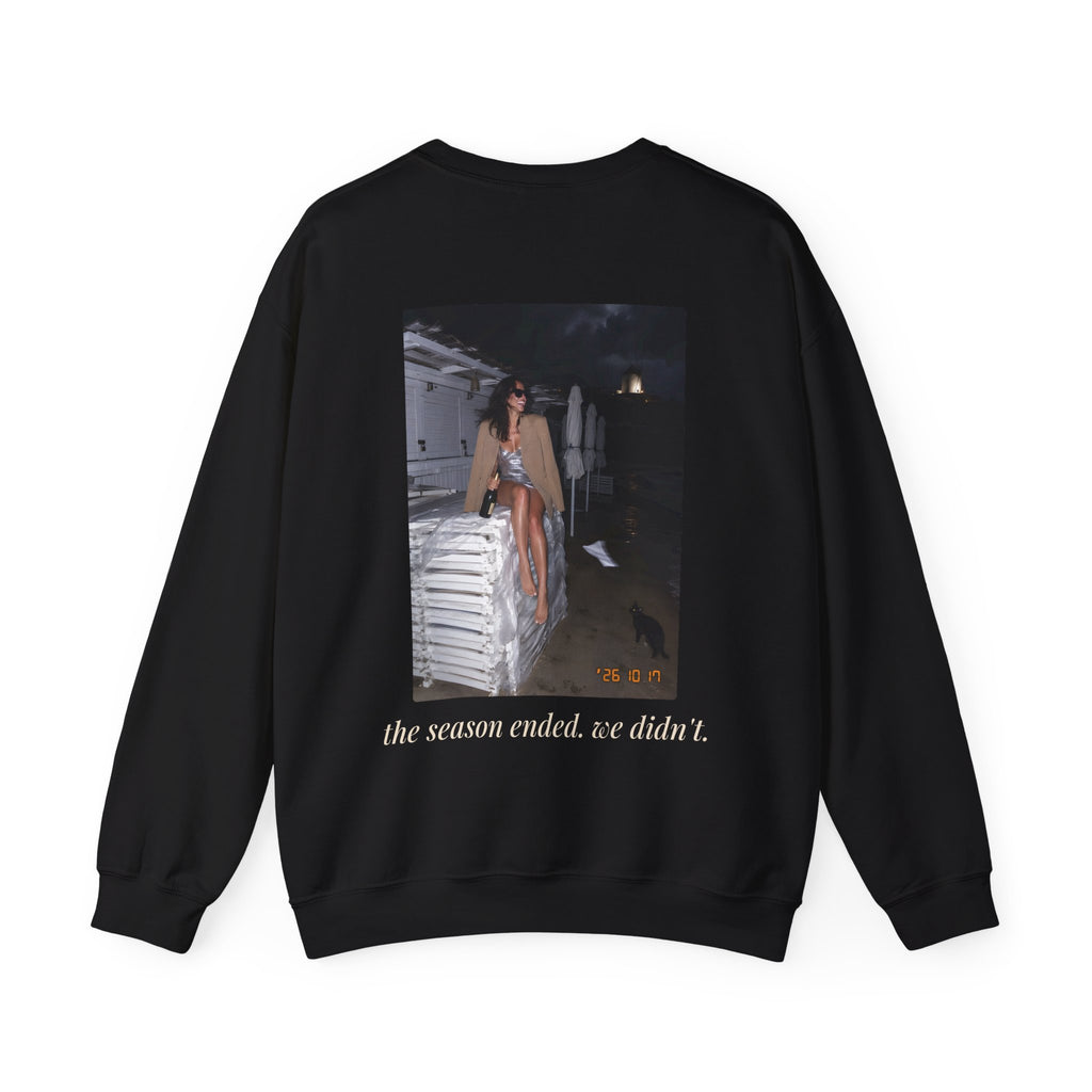 The Season Ended. We Didn't. Crewneck Sweatshirt — Mykonos Off-Season Flash Photo Back Print