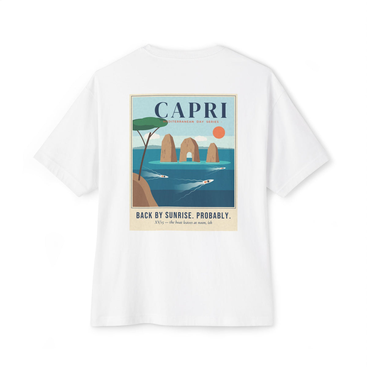 Capri Back By Sunrise Oversized Boxy Tee — Vintage Italy Travel Poster T-Shirt