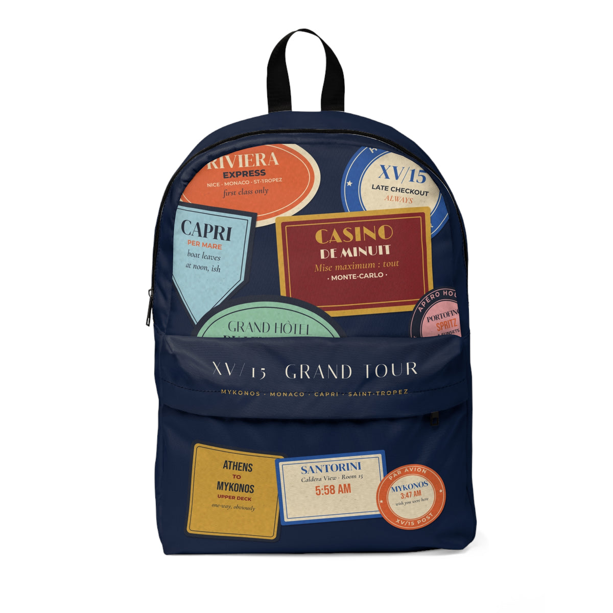 XV/15 Grand Tour Backpack — Vintage Luggage Label All-Over Print Travel Backpack