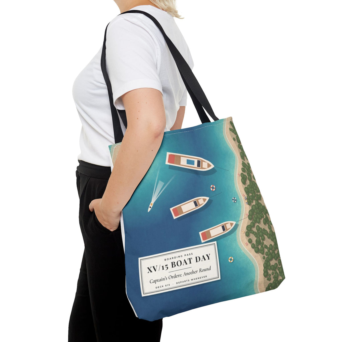 XV/15 Boat Day All-Over Print Tote Bag — Aerial Yacht Cove Beach Tote