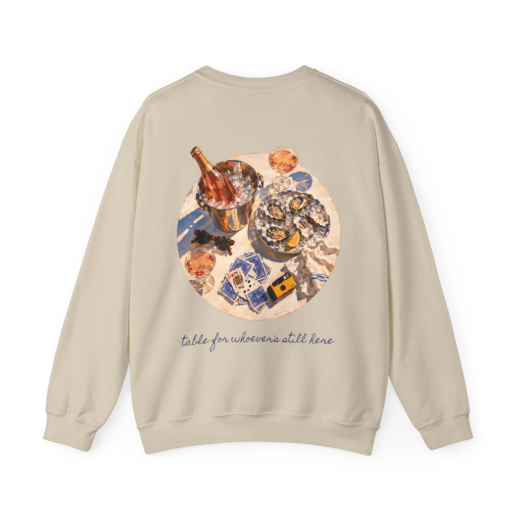 Table For Whoever's Still Here Crewneck Sweatshirt — Painted Mykonos Beach Club Table Back Print