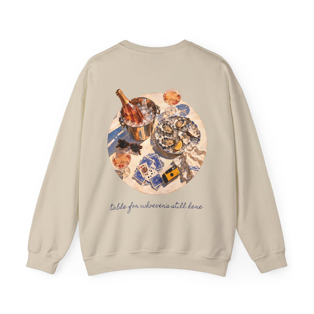 Table For Whoever's Still Here Crewneck Sweatshirt — Painted Mykonos Beach Club Table Back Print
