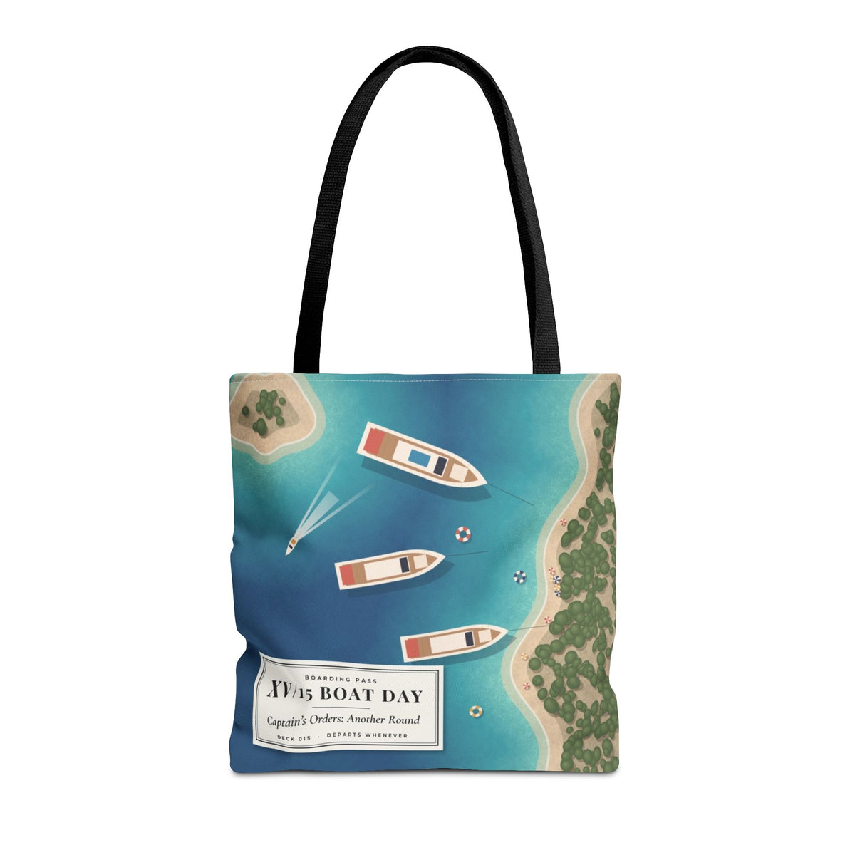 XV/15 Boat Day All-Over Print Tote Bag — Aerial Yacht Cove Beach Tote