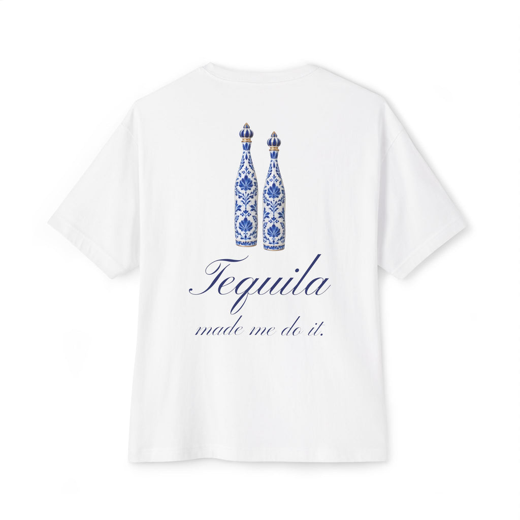 Tequila Made Me Do It. Oversized Boxy Tee — Blue & White Hand-Painted Decanters Back Print T-Shirt