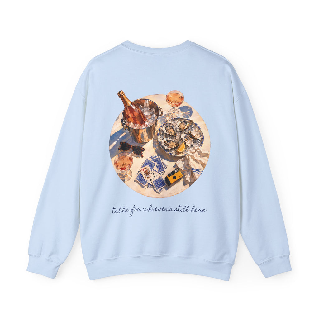 Table For Whoever's Still Here Crewneck Sweatshirt — Painted Mykonos Beach Club Table Back Print