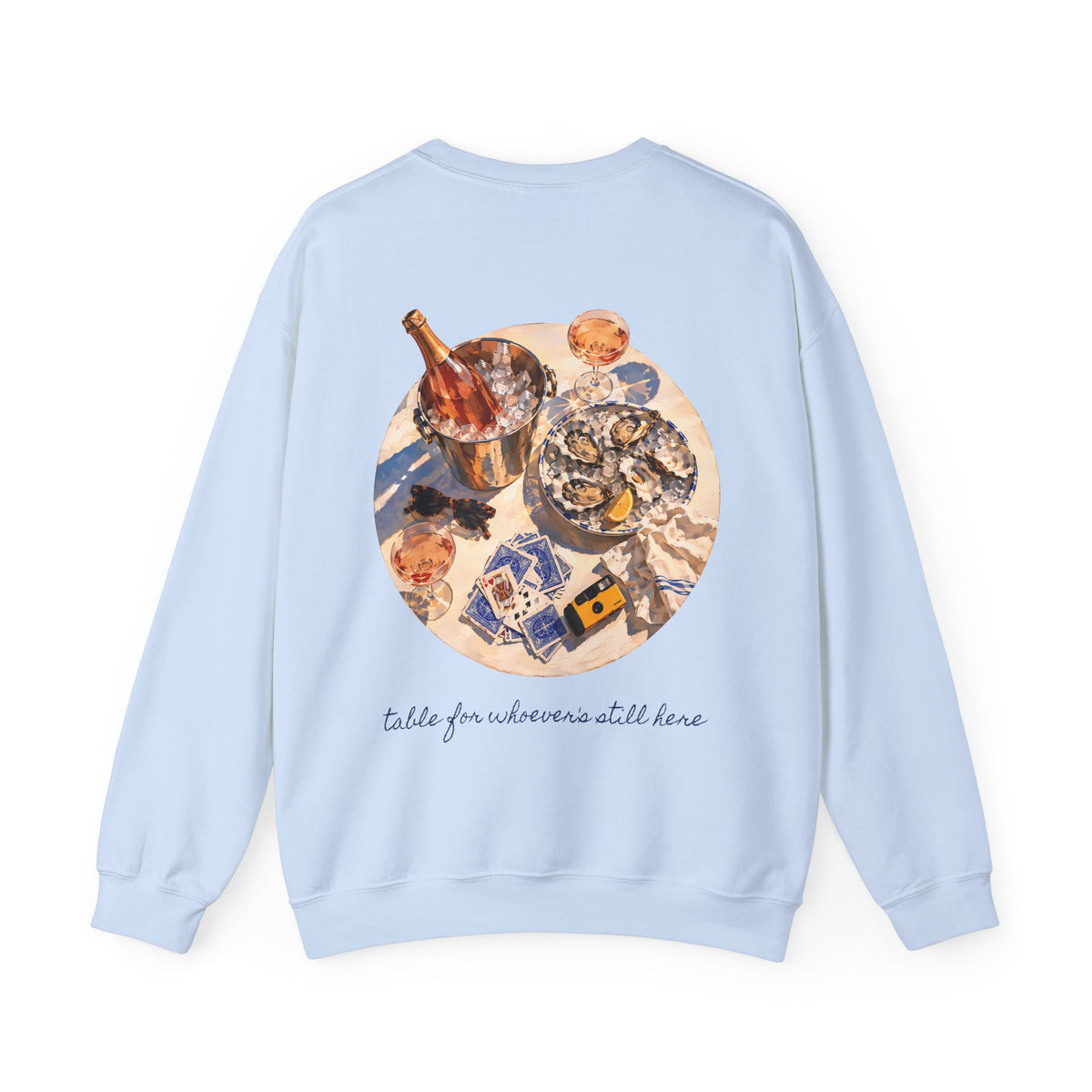 Table For Whoever's Still Here Crewneck Sweatshirt — Painted Mykonos Beach Club Table Back Print