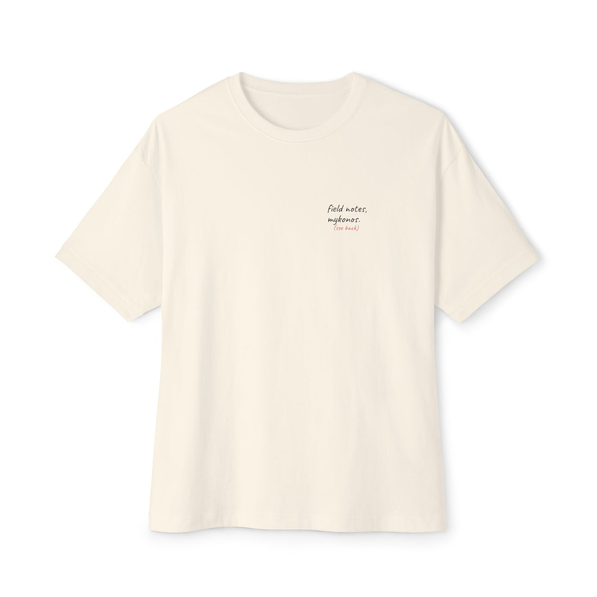 Field Notes Mykonos Oversized Boxy Tee — Hand-Drawn Beach Club Sketch T-Shirt