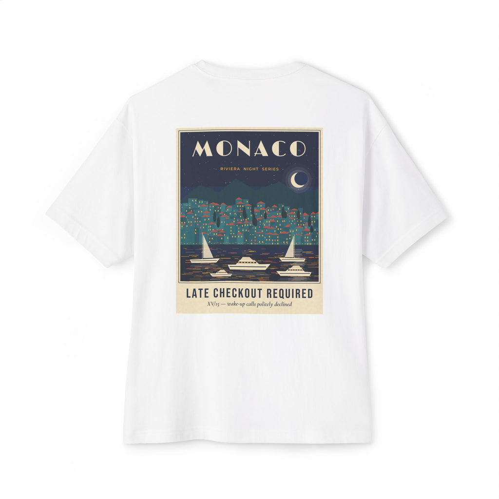 Monaco Late Checkout Required Oversized Boxy Tee — Vintage Riviera Travel Poster T-Shirt