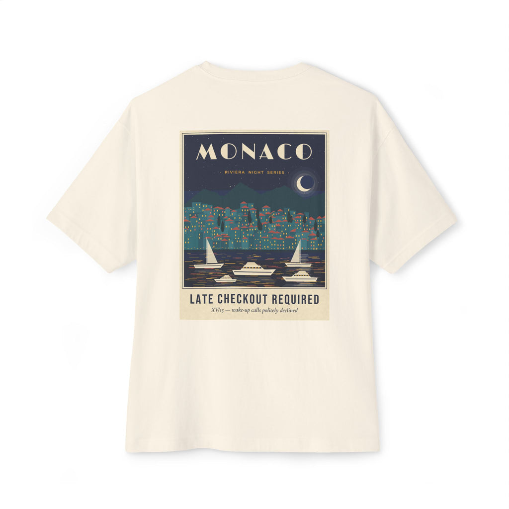 Monaco Late Checkout Required Oversized Boxy Tee — Vintage Riviera Travel Poster T-Shirt