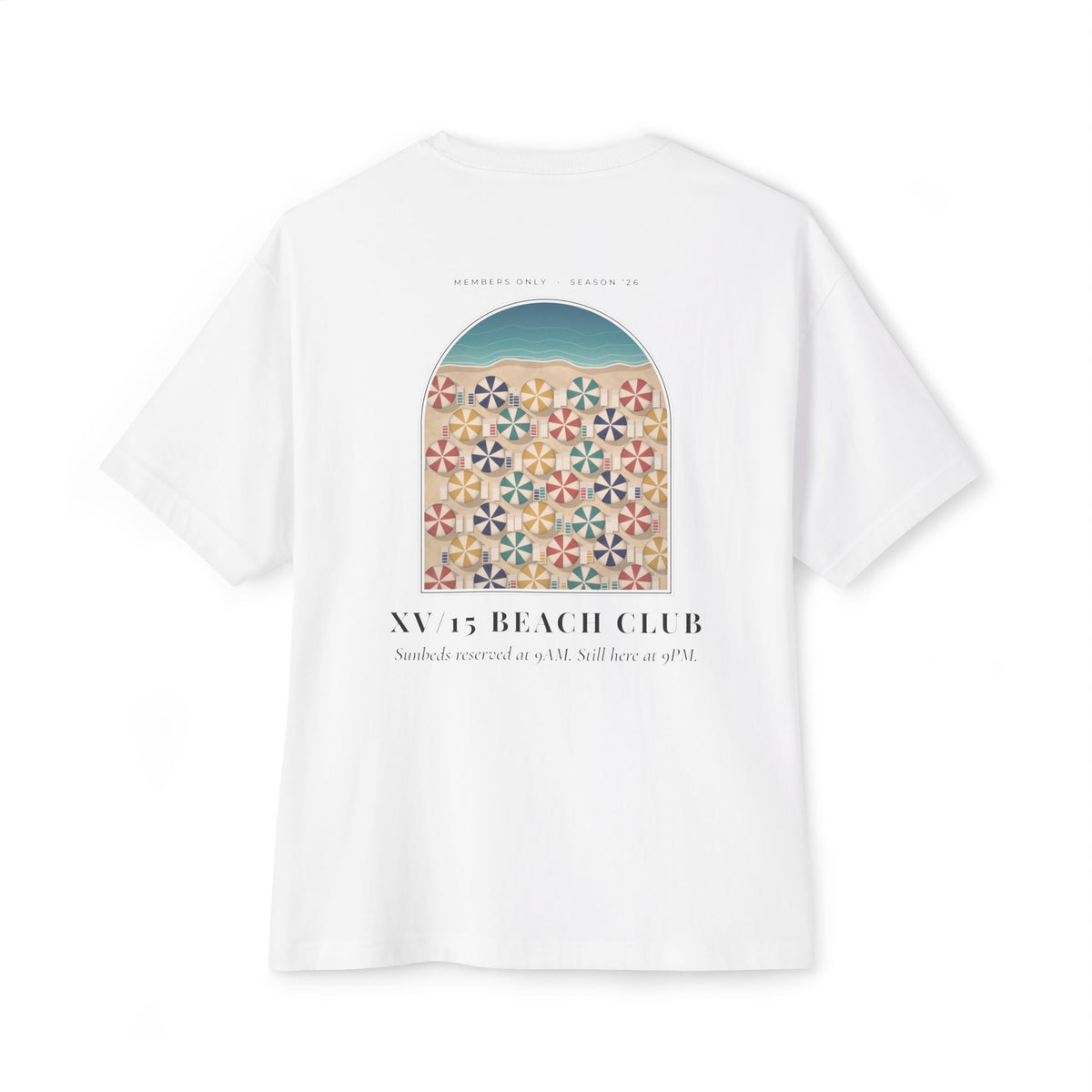 XV/15 Beach Club Oversized Boxy Tee — Retro Beach Umbrella Arch T-Shirt