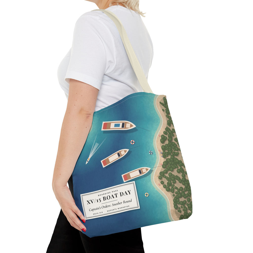 XV/15 Boat Day All-Over Print Tote Bag — Aerial Yacht Cove Beach Tote