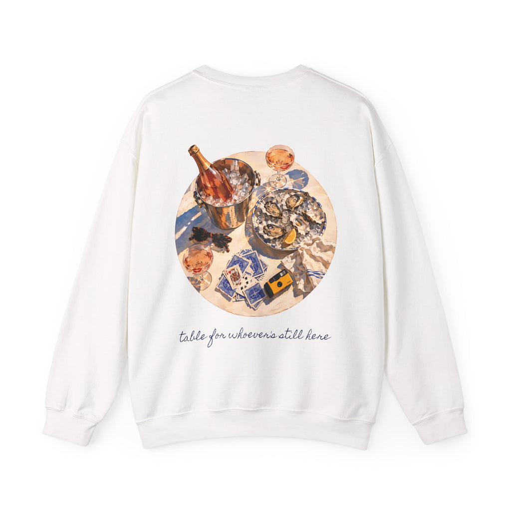 Table For Whoever's Still Here Crewneck Sweatshirt — Painted Mykonos Beach Club Table Back Print