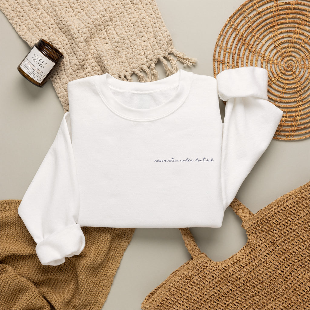 Table For Whoever's Still Here Crewneck Sweatshirt — Painted Mykonos Beach Club Table Back Print
