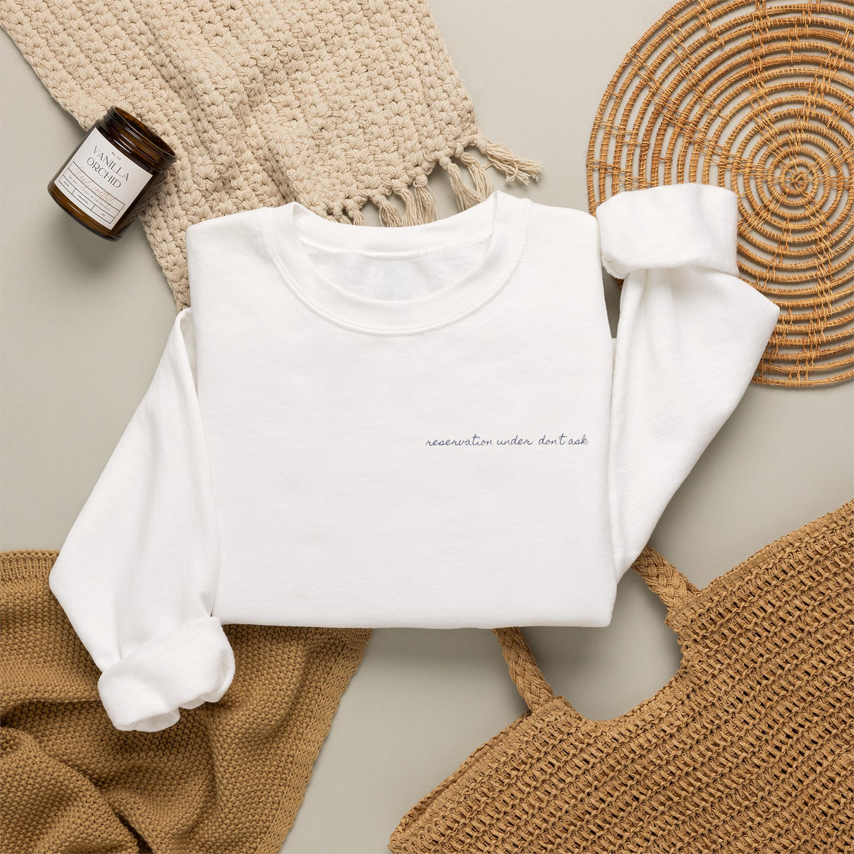Table For Whoever's Still Here Crewneck Sweatshirt — Painted Mykonos Beach Club Table Back Print