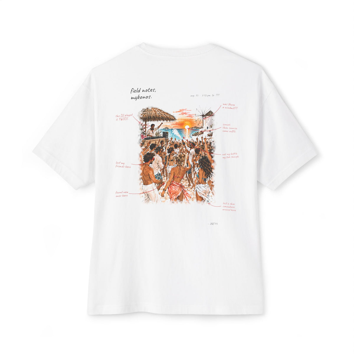 Field Notes Mykonos Oversized Boxy Tee — Hand-Drawn Beach Club Sketch T-Shirt